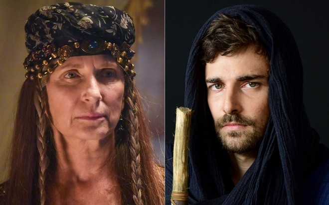 Montagem com os atores Martha Mellinger e Miguel Coelho em cena de Gênesis