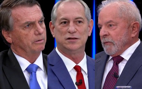 Montagem com Jair Bolsonaro à esquerda, Ciro Gomes no centro e Lula à direita em entrevistas ao Jornal Nacional