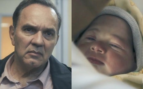 O ator Humberto Martins e o bebê que deu vida a Chiara recém-nascida em Travessia; na montagem, o ator está olhando para o lado com cara de observador e o bebê está prestes a chorar