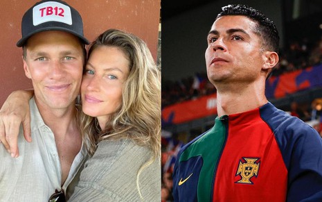 Gisele Bündchen e Tom Brady em fevereiro de 2022; Cristiano Ronaldo em foto compartilhada no Instagram