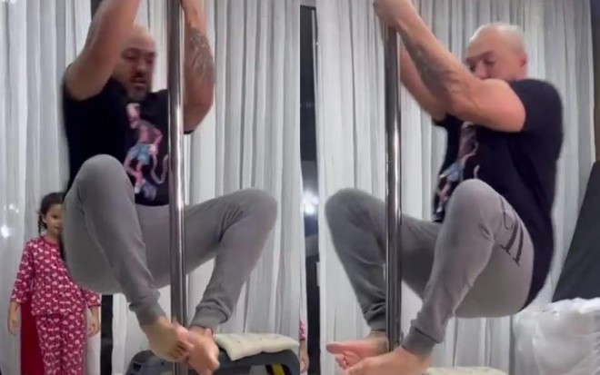 Belo tentando fazer acrobacias no pole dance da mulher, Gracyanne Barbosa