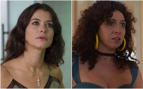 Montagem com fotos das atrizes Alinne Moraes e Renata Gaspar em cenas de Um Lugar ao Sol, ambas com expressões assustadas