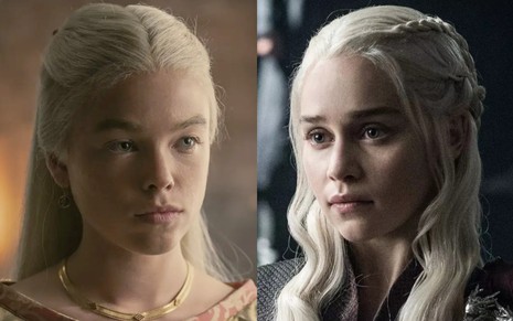 Milly Alcock como Rhaenyra em A Casa do Dragão (à esquerda); e Emilia Clarke como Daenerys em A Guerra dos Tronos (à direita)