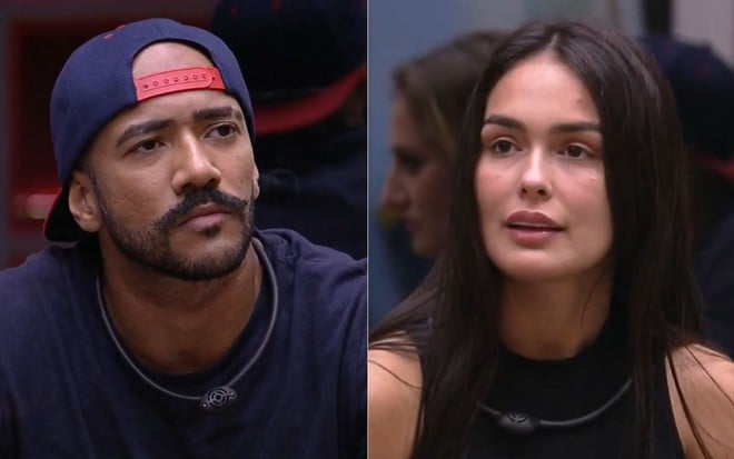 Ricardo Camargo e Larissa Santos no sofá do BBB 23 com cara séria