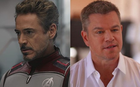 Montagem com foto de Robert Downey Jr. em cena de Vingadores: Ultimato e Matt Damon em entrevista ao jornal CBS News