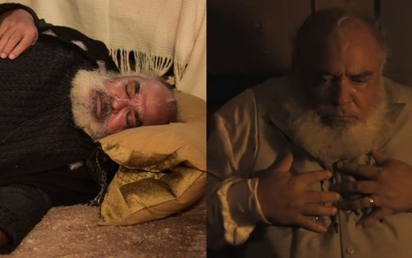 À esquerda, Roberto Bomfim aparece deitado em cena da novela Gênesis; à direita, ele aparece em cena da novela Nos Tempos do Imperador