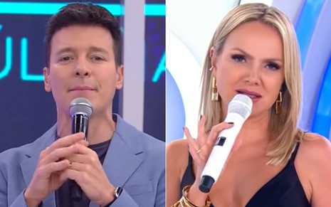 Rodrigo Faro com um terno azul claro, segurando um microfone e fazendo bico, e Eliana com uma blusa de alcinha preta, também segurando um microfone