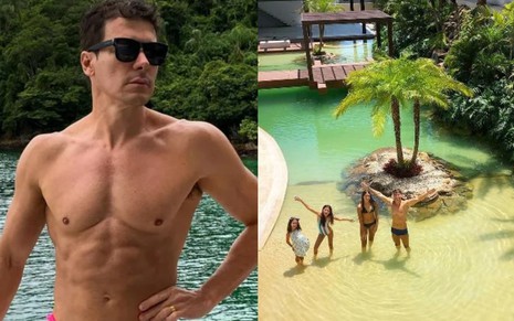 Rodrigo Faro sem camisa e de óculos de sol (à esquerda) e ilha em praia privativa dentro de mansão (à direita)