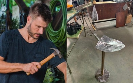 Montagem de fotos: Rodrigo Hilbert usa um martelo, e imagem de cadeira feita com pá e vassoura