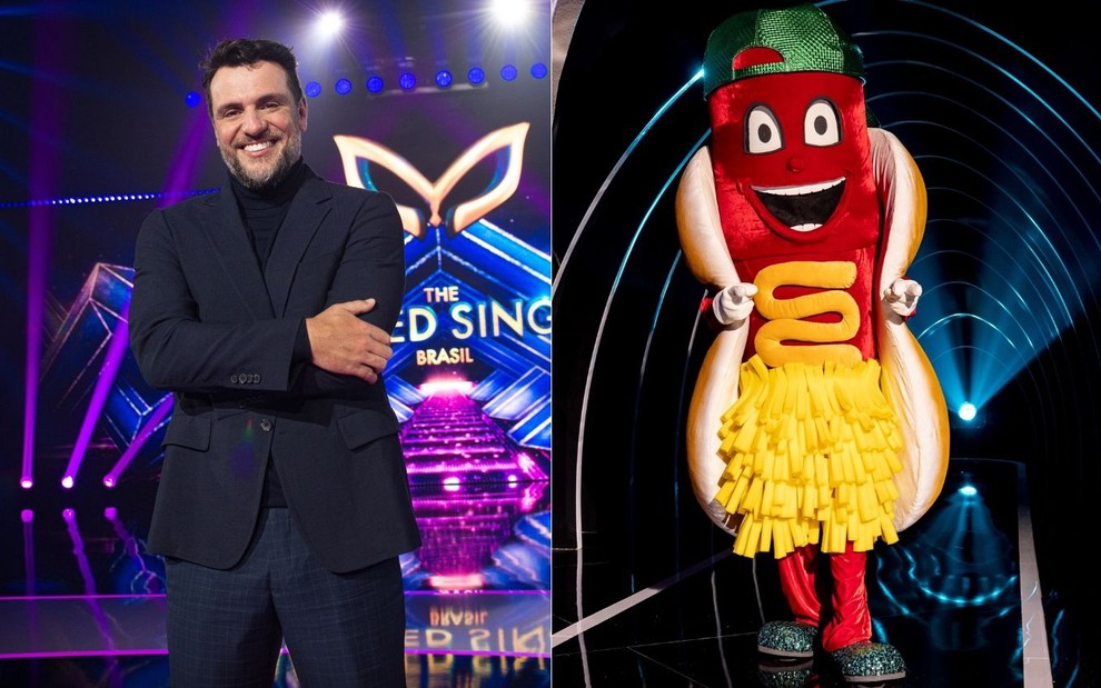 Ator Rodrigo Lombardi de terno preto e cantor Sidney Magal completamente fantasiado de hot dog