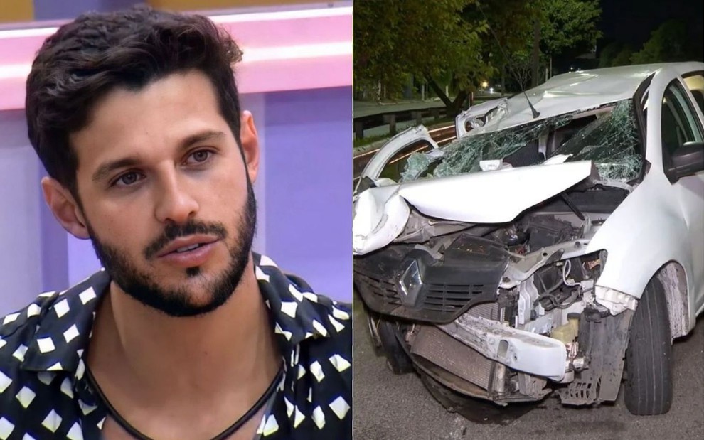 Uma montagem com Rodrigo Mussi, à direita, e uma foto do carro após o acidente do ex-BBB, à esquerda