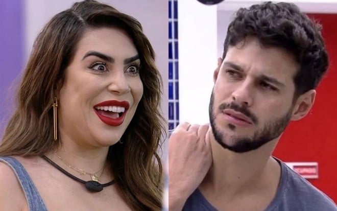 Uma montagem com uma foto de Naiara Azevedo e outra de Rodrigo Mussi na casa do BBB22