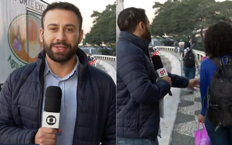 Montagem de Rômulo D'avila segurando microfone da Globo e tentando conversar com pedestre