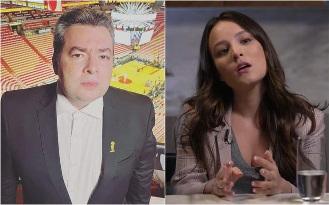 Montagem com fotos do narrador Rômulo Mendonça e da atriz Larissa Manoela