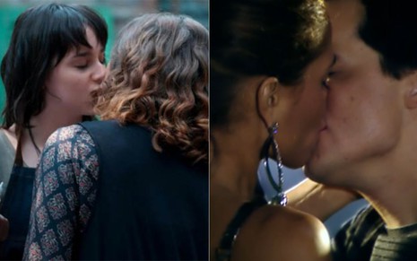 Montagem com foto de Giovanna Grigio beijando Manoela Aliperti, e de Camila Pitanga beijando Wagner Moura