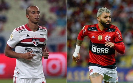 Montagem com os jogadores Miranda, do São Paulo à esquerda, e Gabigol do Flamengo; durante o Brasileirão