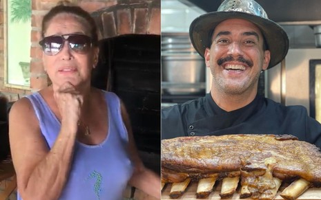 Montagem de fotos com Susana Vieira em frente a uma churrasqueira, e Andre Marques segurando uma tábua com carne