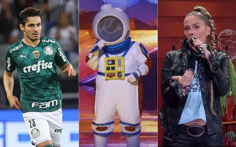 Montagem de fotos com o jogador de futebol Raphael Veiga, do Palmeiras (à esquerda), o Astronauta (Sérgio Loroza) no The Masked Singer (ao centro), e a apresentadora Adriane Galisteu no reality A Fazenda 2021, da Record