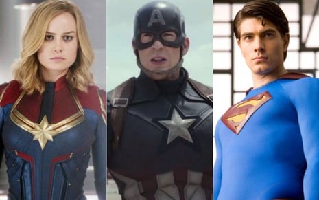Montagem com foto de Brie Larson em Capitã Marvel, Chris Evans em Capitão América e o Soldado Invernal, e Brandon Routh em Superman: O Retorno