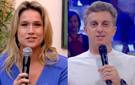 Montagem de fotos com Fernanda Gentil e Luciano Huck em seus respectivos programas na Globo