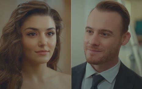 Imagem de Eda (Hande Erçel) e Serkan (Kerem Bürsin) na novela turca Sen Çal Kapimi