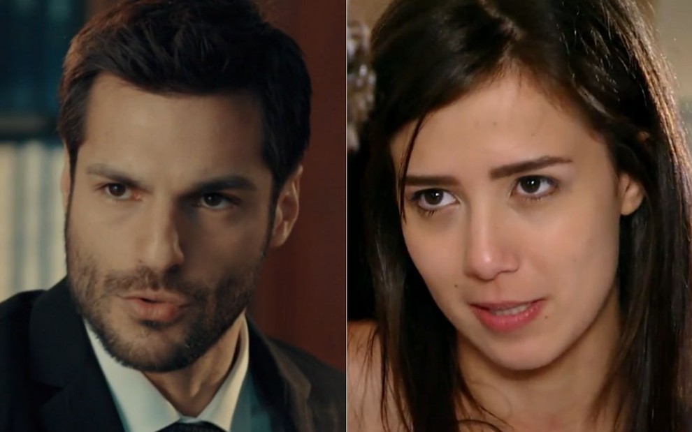 Montagem com Serkan Çayoğlu como Adem na novela Uma Vida Nova e Marjore Estiano como Manuela em A Vida da Gente