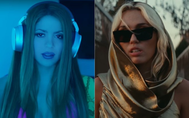 Montagem com Shakira de fone de ouvido e num tom azulado; e Miley Cyrus de óculos escuros e touca de cetim