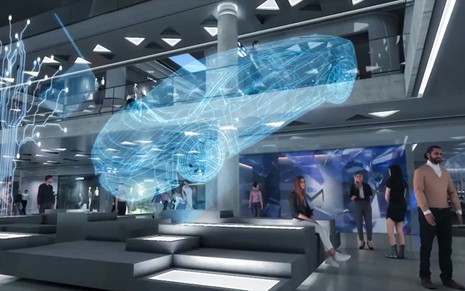 Uma imagem em 3D projeta um shopping com lojas ao fundo e pessoas caminhando enquanto no centro um carro virtual é projetado no meio do espaço
