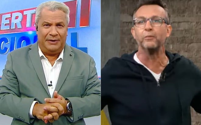 Montagem de fotos de Sikêra Jr. no Alerta Nacional, na RedeTV!, e Neto em seu Os Donos da Bola, na Band