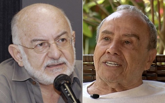 Montagem com o autor de novelas Silvio de Abreu à esquerda e o ator Stênio Garcia à direita em entrevista ao Domingo Espetacular