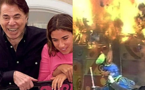 Silvio Santos e Patricia Abravanel após sequestro (à esq.); e cenário incendiado do Xuxa Park