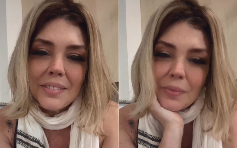 Simony em vídeo do Instagram com cabelos loiros e cachecol branco