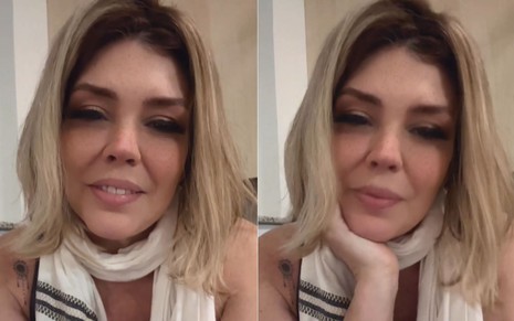 Simony em vídeo do Instagram com cabelos loiros e cachecol branco