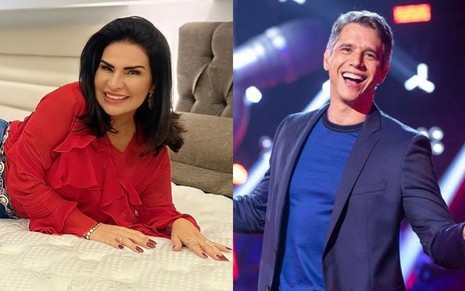 Uma montagem com Solange Gomes; à esquerda, e Marcio Garcia; à direita, ela veste vermelho e posa deitada em uma cama, ele está de terno e camiseta azul no palco do The Voice