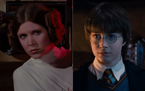 Montagem com Carrie Fisher como Princesa Leia em Star Wars e Daniel Radcliffe nos filmes da saga Harry Potter