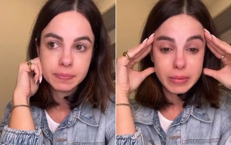 Fotos da atriz Stephany Brito chorando com a mão na cabeça