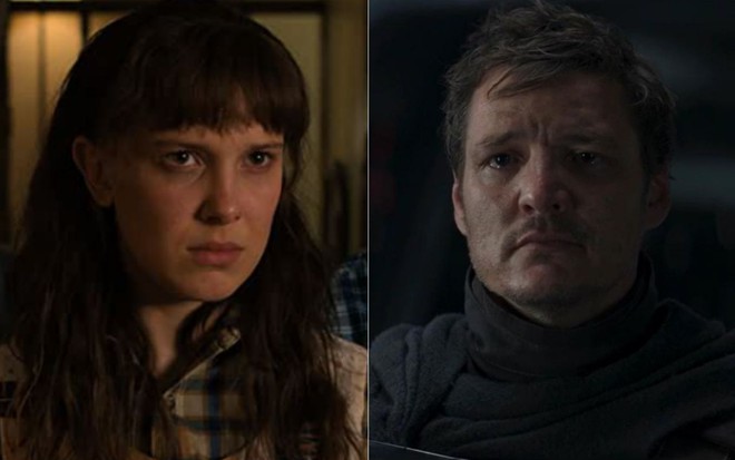 Montagem com cenas de Millie Bobby Brown em Stranger Things e Pedro Pascal em The Mandalorian