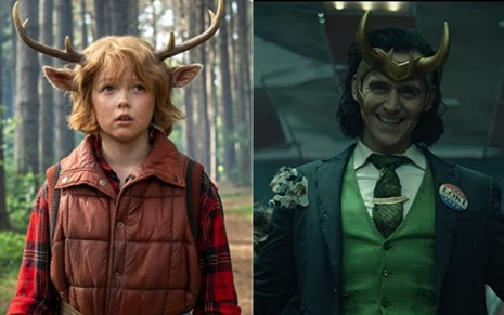 Montagem com Christian Convery em cena de Sweet Tooth e Tom Hiddleston em cena de Loki;