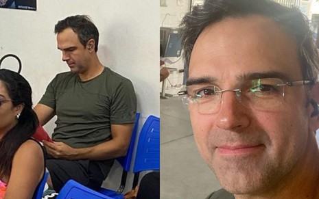 Na montagem: Tadeu Schmidt sentado em uma sala de espera (à esquerda); e em selfie no Detran (à direita)