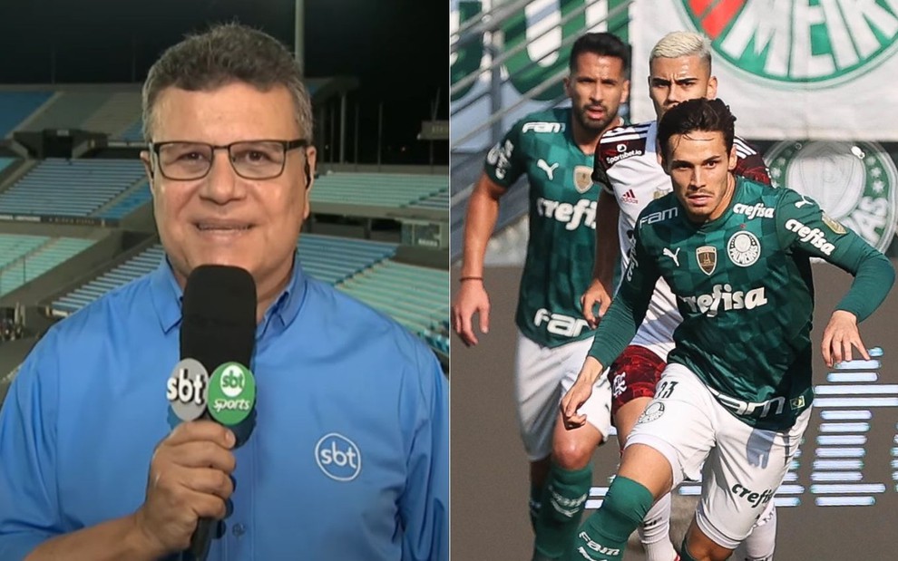 Montagem de fotos com Téo José, e Raphael Veiga, Andreas Pereira e Luan em jogo Palmeiras x Flamengo