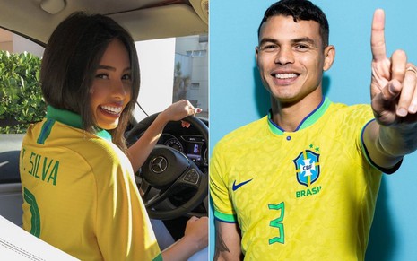 Montagem com foto de Thaiane Kneip e Thiago Silva, ambos usando a camisa do Brasil