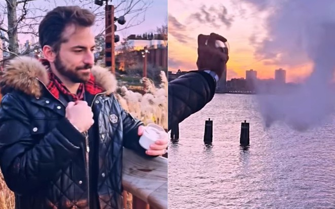 Montagem com imagens de vídeo de Thales Bretas lançando as cinzas de Paulo Gustavo em Nova York