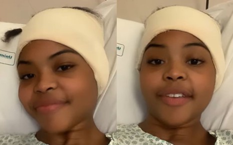 Thalita Nobre em cama de hospital com faixa na cabeça