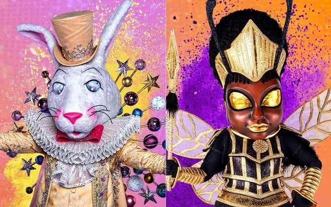 Montagem de fotos com fantasias de Coelho e Abelha-Rainha no The Masked Singer Brasil, da Globo