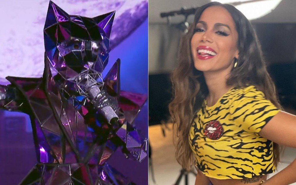 Montagem com imagem da Gata Espelhada do The Masked Singer Brasil e de Anitta