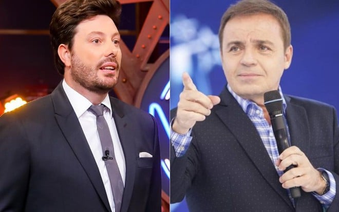 Montagem com fotos de Danilo Gentili com expressão de surpresa no The Noite, e Gugu Liberato apontando o dedo em pose acusatória no Programa do Gugu