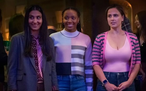 Amrit Kaur, Alyah Chanelle Scott e Pauline Chalamet em cena da primeira temporada da série The Sex Lives of College Girls