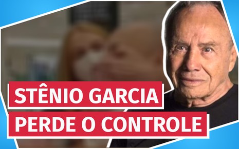 Montagem de Stênio Garcia com trecho do vídeo em que ele é supostamente agredido pela mulher em entrevista ao fundo