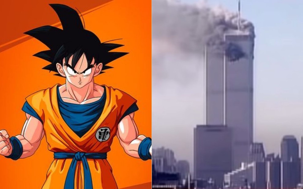 Montagem de fotos com Goku em Dragon Ball Z (à esquerda) e a transmissão do ataque às Torres Gêmeas em Nova York na Globo