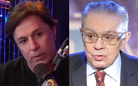 Na montagem: Tom Cavalcante em podcast (à esquerda) e Chico Anysio na Globo, em 2011 (à direita)